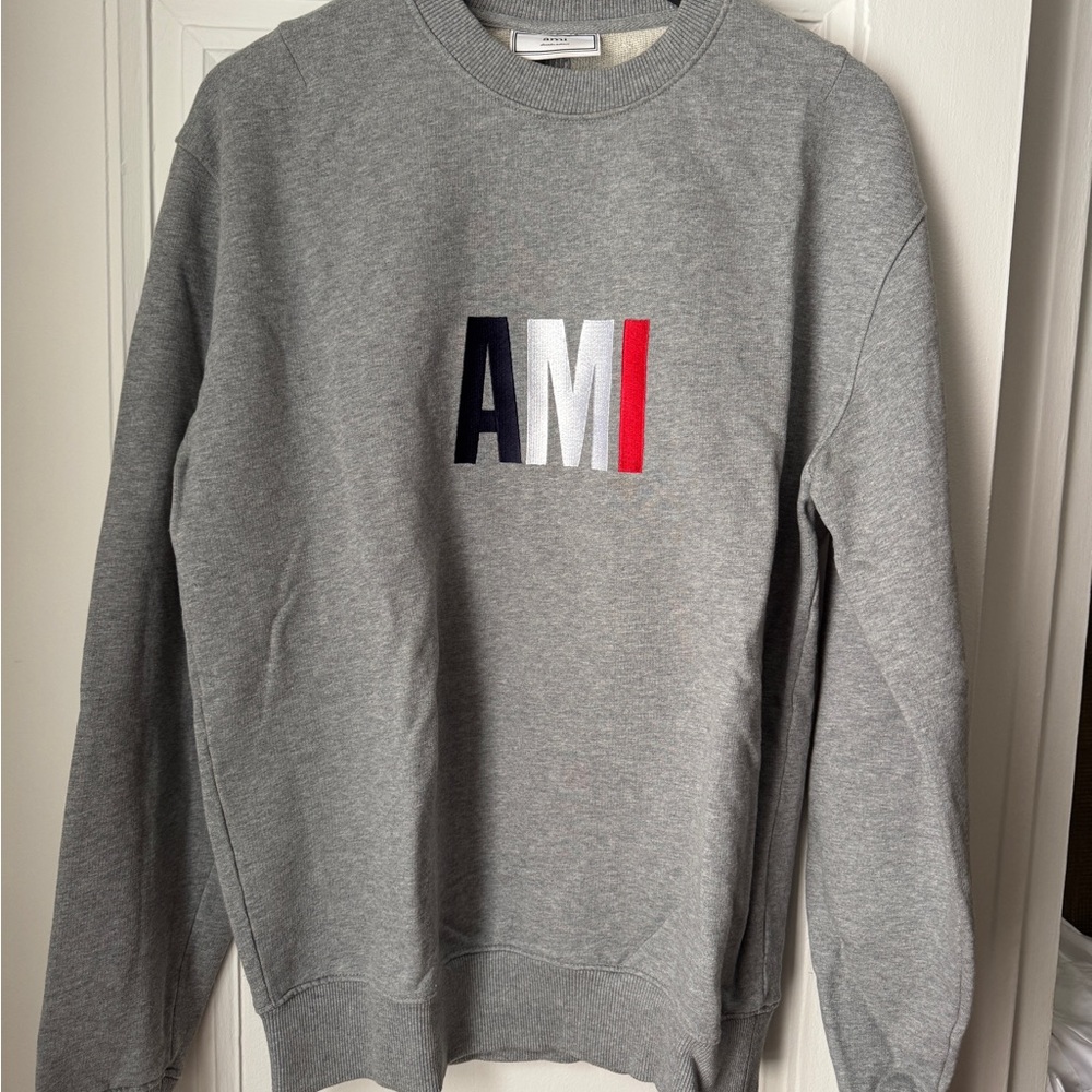Ami Gray Crewneck Sweater with Logo